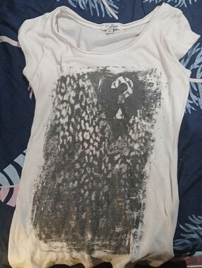 Guess White Scoop Neck Tee with Black Graphic and Rhinestones